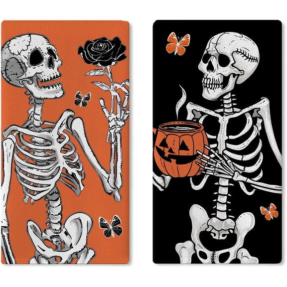 Halloween Skull Kitchen Towel Set (2-piece), orange and black skull heads, pumpkin-shaped dried towels, baking cooking cloths, fun rose butterfly home decorations, size: 16 x 24 inches
