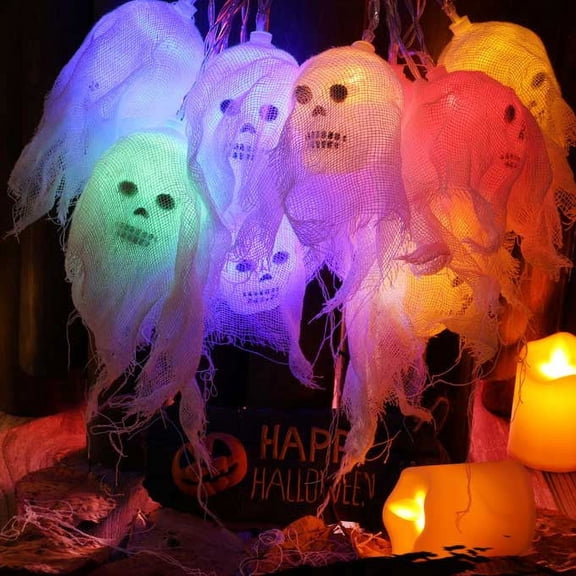 Halloween Skull LED Lantern String Lights 8FT 10 Glowing Skull Lamps with Gauze for Party Home Garden Door Wall Decor