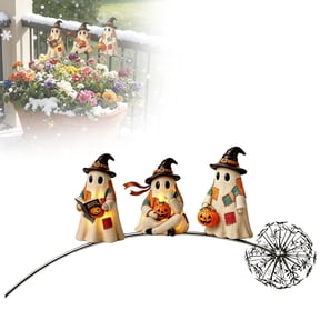 Patchwork Ghost Pumpkin Metal Garden Stake with Warm LED Glowing Details and Rust-Proof Coating, Outdoor Yard Ornament for Lawn, Flower Bed, and Fall Holiday Display.