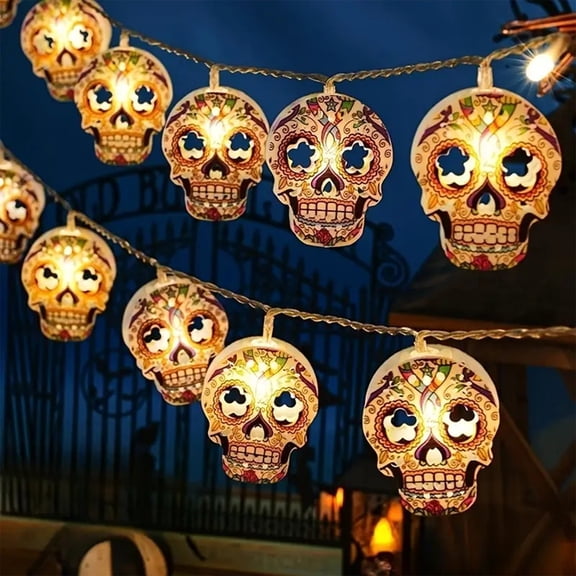 Halloween Skull LED String Lights, 59 Inch 10 Count Warm White Glow Skull Lights for Party Bar Haunted House Decor