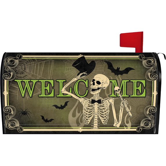 Halloween Skull Mailbox Cover 25.5x21 Inch, Halloween Skeleton Post Letter Box Covers, Halloween Spooky Magnetic Waterproof Mail Wraps for Outdoor Yard Garden Oversized Mailbox Decor