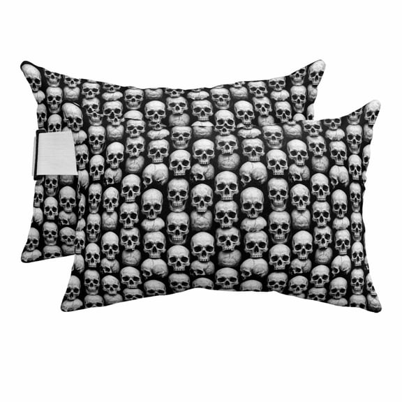 Halloween Skull Outdoor Pillows for Chaise Lounge Chair Beach Headrest Pillow Set of 2 Waterproof Lumbar Pillows with Insert&Adjustable Strap Black and White Skeleton Scary Bones Pool Pillow 12"x20"