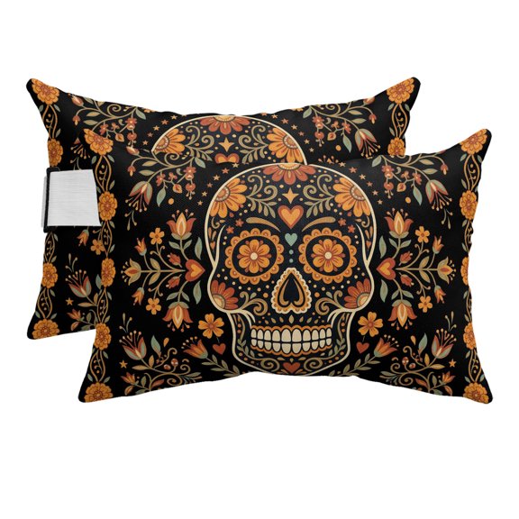 Halloween Skull Outdoor Pillows for Chaise Lounge Chair Beach Headrest Pillow Set of 2 Waterproof Lumbar Pillows with Insert&Adjustable Strap Mexico Orange Black Botanical Flower Pool Pillow 12"x20"