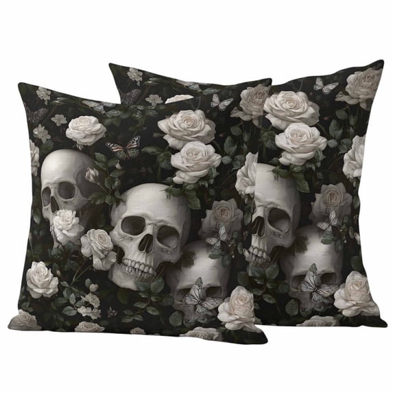 Halloween Skull Outdoor Waterproof Pillow Covers, Retro White Rose Flower Horror Fall Decorative Square Throw Pillowcase Sofa Cushion Sham for Patio/Couch/Chair, 20"x20" 2 Pack