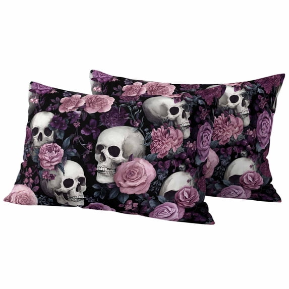 Halloween Skull Outdoor Waterproof Pillow Covers, Vintage Pink Rose Purple Flower Decorative Rectangle Throw Pillowcase Sofa Cushion Sham for Patio/Couch/Chair, 20"x12" 2 Pack