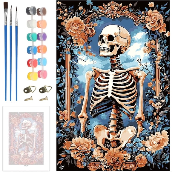 Halloween Skull Paint-by-Number Kit (Adult Beginners, with Frame), Flower Paint-by-Number Kit for Adults (Canvas), Easy DIY Painting Kit for Home Decoration, 16x20 Inch Unframed