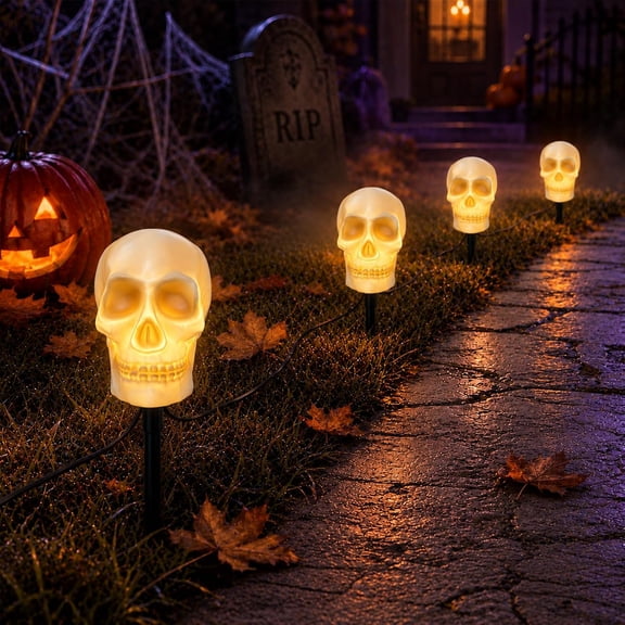 Halloween Skull Pathway Lights, 4 Pack Skeleton Lights with Stakes