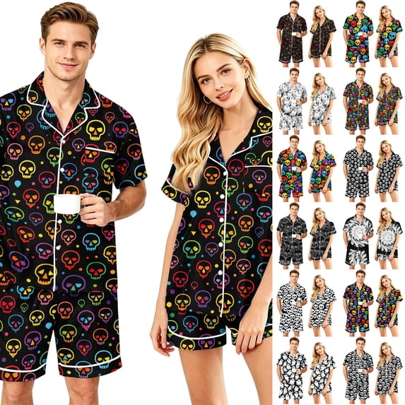 Halloween Skull Pattern Sleepwear Set For Men Turn Down Collar Short Sleeve Pocket Shirt And Loose Fit Lounge Shorts