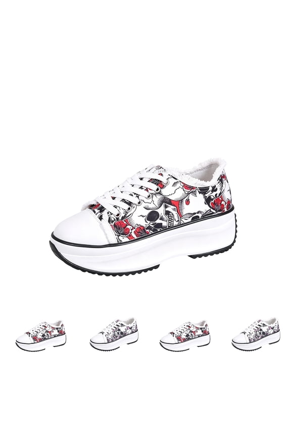 Halloween Skull Print Platform Sneakers For Women Lace Up Round Toe Low Top Gothic Casual Daily Shoes Pink 39