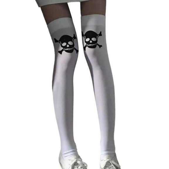 Halloween Skull Print Thigh High Socks Stretchy Nylon Fabric Women Over Knee Stockings For Costumes Party And Daily Wear