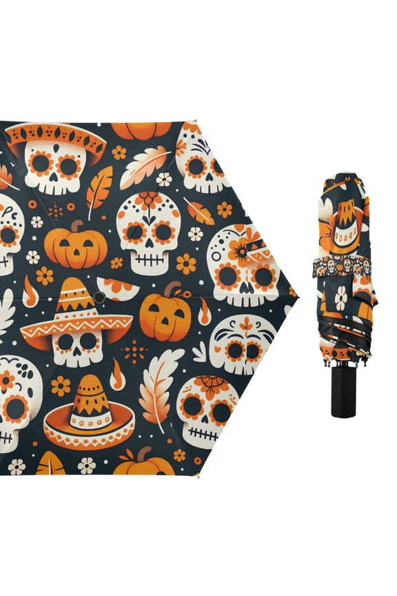 Halloween Skull Pumpkin Hat Compact Sun Umbrella Windproof Travel Umbrellas for Rain Strong Portable UV Protection