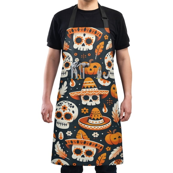 Halloween Skull Pumpkin Hat Kitchen Apron with 2 Pockets Adjustable waterproof Cooking Aprons for Women Men Chef