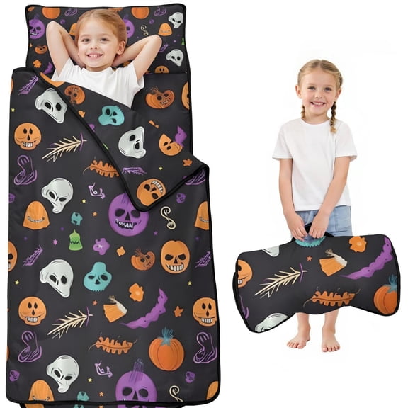 Halloween Skull Pumpkin Pattern Toddler Nap Mats for Kids Preschool,50"x20" Sleeping Mat Bag or Kids,Toddler Sleeping Bag,Toddler Nap Mat or Daycare