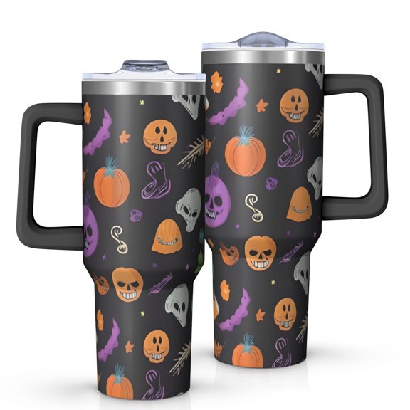 Halloween Skull Pumpkin Pattern Tumbler with Handle and Lid,40oz Double Wall Vacuum Insulated Tumbler,Cups Gift for Women and Men