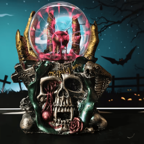 Halloween Skull Resin Plasma Ball Touch-Activated Night Light Suitable for Parties, Decor, and Bedrooms