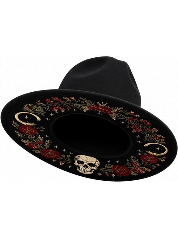 Halloween Skull Rose Fedora Hat for Women Men, Black Wide Brim Felt Panama Hat with Gothic Embroidery, Vintage Jazz Cap for Cosplay Party Costume, One Size 56-58cm