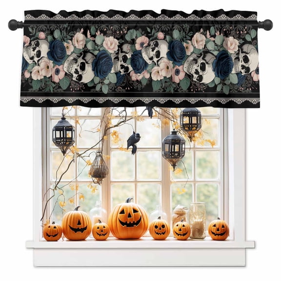 Halloween Skull Roses Curtain Valances for Kitchen Windows,Rod Pocket Short Valance Watercolor Eucalyptus Leaves Small Window Treatment for Living Room Bathroom Bedroom,54" x 18"-1 Panel