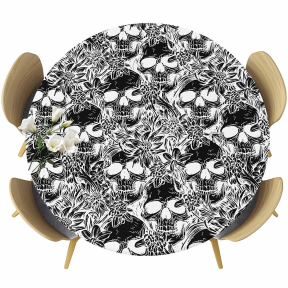 Halloween Skull Round Tablecloth, Fitted Table Cover with Elastic for 36"-44" Round Tables, Black Skeletons Flowers Monochrome Table Cloth Outdoor Indoor Dinning Party Waterproof Tablecloths