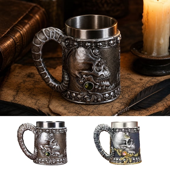 Halloween Skull Shaped Mug 18.6 oz – Stainless Steel Resin Beer Mug with 3D Sculpted Design, Home Bar Ornament & Gift for Collectors (A)