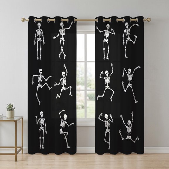 Halloween Skull Sheer Curtains 84 Inch Long 2 Panels, Abstract Dancing Skeleton Background Retro Light Filtering Semi Sheer Drapes Grommet Voile Window Curtain for Living Bedroom W52 x L84