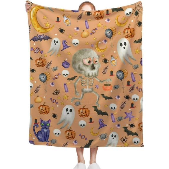 Halloween Skull Skeleton Blanket, Ghosts Pumpkin 60 x 80 Inch Throw Lightweight Super Soft Cozy Blankets for Couch Bed Sofa Chair