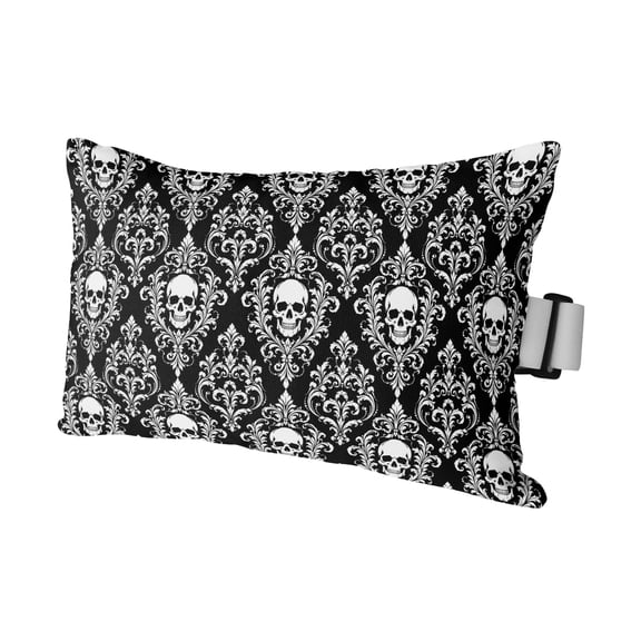 Halloween Skull Skeleton Flower Damask Outdoor Pillow for Chaise Lounge Chair,Scary Black Waterproof Headrest Lumbar Pillows with Insert&Elastic Strap for Patio Pool Garden Chairs Decor,1 Pack
