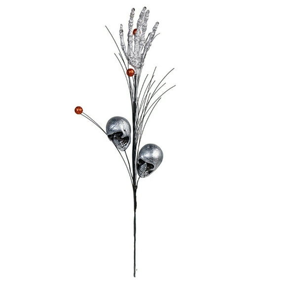 Halloween Skull and Skeleton Hand Floral Pick, Spooky Artificial Branch Decor with Red Berries for Party Centerpiece, Haunted House, Indoor Outdoor Holiday Decoration