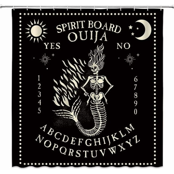 Halloween Skull Skeleton Shower Curtain Black Horror Witch Skull Mermaid Magic Ouija Board Sun Moon Witchcraft Gothic Spooky Bathroom Decor Fabric Curtain with Hooks