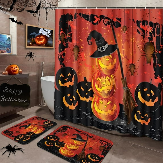 Halloween Skull Spider Bathroom Set with Shower Curtain sets and Rugs and Accessories, Autumn Orange Cute Shower Curtain Set Bathroom Decor 3 Pcs