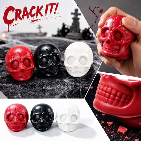 Halloween Skull Squishy Toys, 2.56 in Clay Filled Squeeze Stress Relief Fidget Toys, Random Color Skeleton Head Stress Ball for Halloween Party Gifts