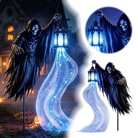 Halloween Skull Stake Light 31.5in, Animated Soul Harvester Garden Light with Glowing Soul Streams, Battery Operated with Batteries Included, for Yard Patio Halloween Outdoor Decor