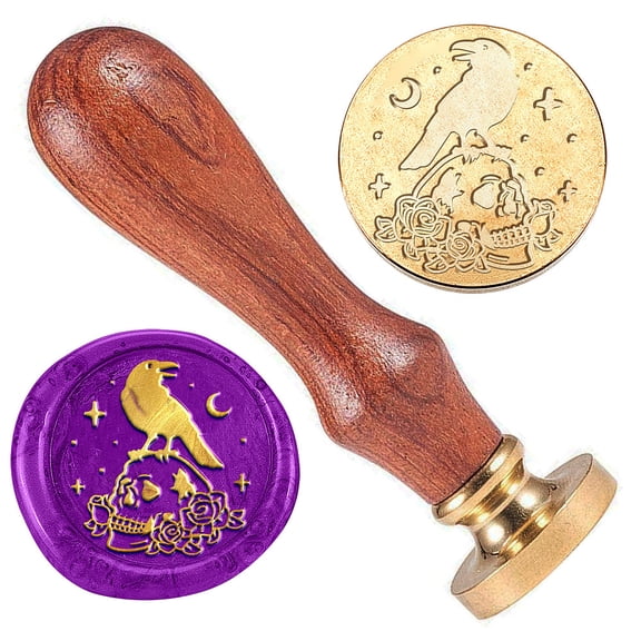 Halloween Skull Stamp 1" Removable Brass Stamp Head with Wood Handle Retro Crow Sealing Stamp for Envelopes Party Invitations Wine Packages Greeting