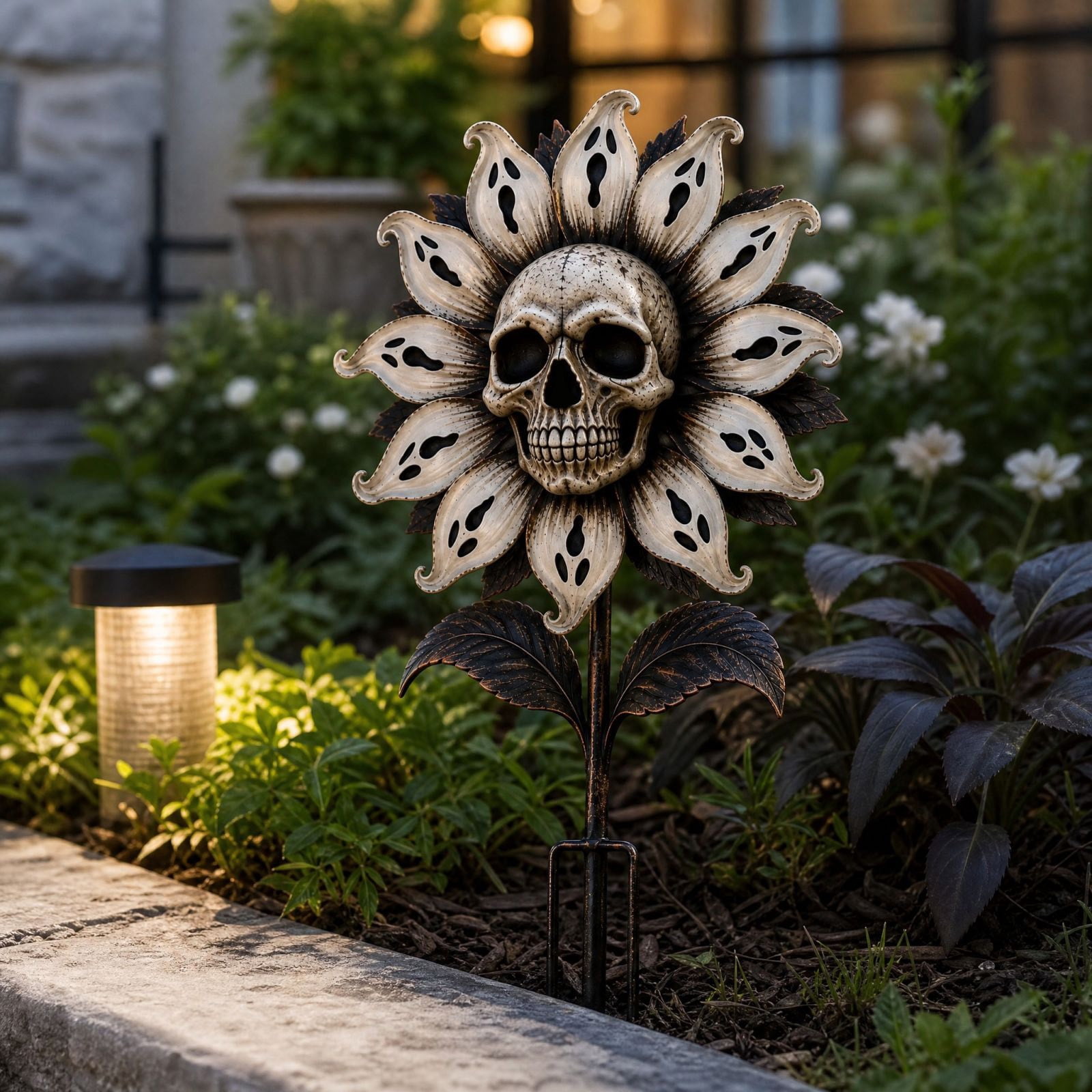 Gothic Display Sign Halloween Skull Sunflower Garden Stake, Gothic Skeleton Flower Yard Art ...