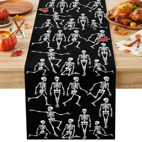 Halloween Skull Table Runner 13x48 Inch Sport Yoga Skeleton Cotton Linen Dining Table Runner Ideal for Dresser Kitchen Coffee Tables - Machine Washable