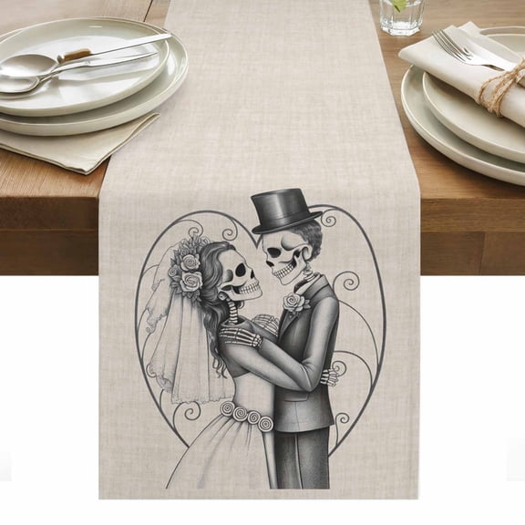 Halloween Skull Table Runner - 36 Inch Long, Kitchen Dining Table Runner Dresser Scarves, Horrible Skeleton Marriage Forever Love Farmhouse Decor for Coffee Tables Wedding Party Banquet