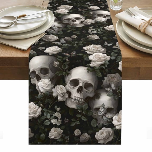 Halloween Skull Table Runner - 72 Inch Long, Kitchen Dining Table Runner Dresser Scarves, Retro White Rose Flower Horror Fall Farmhouse Decor for Coffee Tables Wedding Party Banquet
