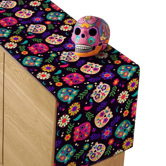 Horror Halloween Skull Table Runner Ethnic Mexico Flower Table Runner Day of The Dead Kitchen Dining Tablecloth Table