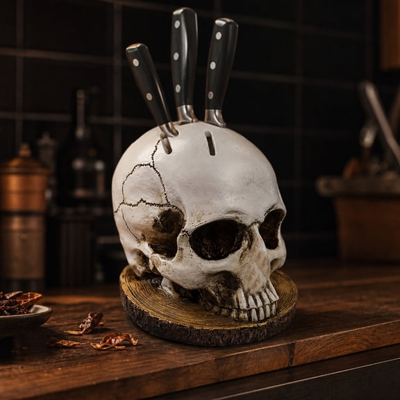 Halloween Skull Utensil Holder, Spooky Skeleton Head Cutlery Stand Functional Separated Storage Slots, Gothic Resin Tabletop Organizer for Forks Knives Party Utensils Dining Area