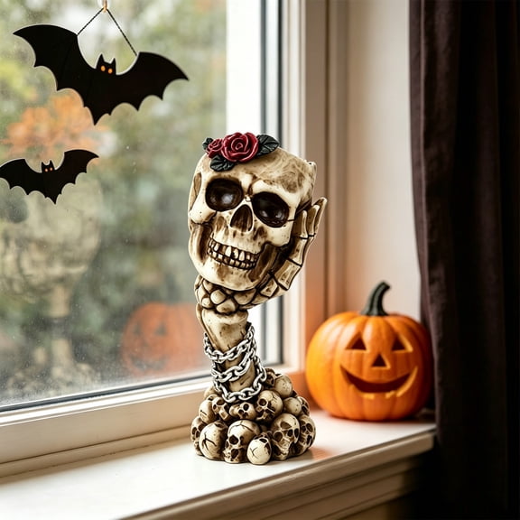 Halloween Skull Vase 7.5 Inch - Gothic Resin Flower Holder with Skeleton Hand and Stacked Skull Base for Tabletop Centerpiece Home Decor
