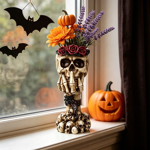 Halloween Skull Vase 7.5 Inch - Gothic Resin Flower Holder with Skeleton Hand and Stacked Skull Base for Tabletop Centerpiece Home Decor