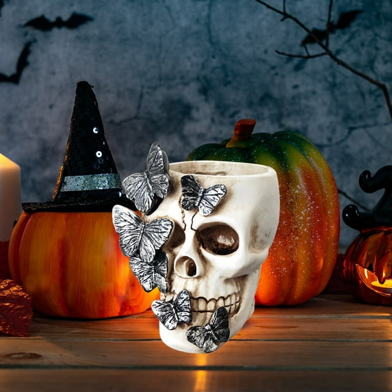 Halloween Skull, White Resin Skull, Halloween Party Decoration with Butterfly Embellishments, Medium Size, Durable Resin Material, Multifunctional Halloween Skull Ornament