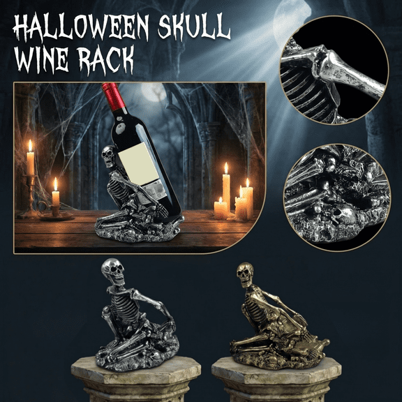 Halloween Skull Wine Rack, Gothic Skeleton Bottle Holder Stand, Creative Resin Single Wine Caddy Figurine for Home Bar Countertop Shelf Restaurant Table Holiday Party Centerpiece Decor