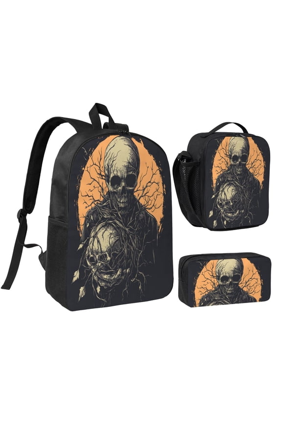 Halloween Skull Witch Backpack 17 Inch Set with Lunch Bag and CaseDurableTravel Bag Combo for Work Commuting Daily Use