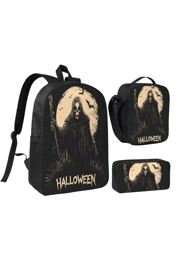 Halloween Skull Witch Backpack 17 Inch Set with Lunch Bag and CaseDurableTravel Bag Combo for Work Commuting Daily Use
