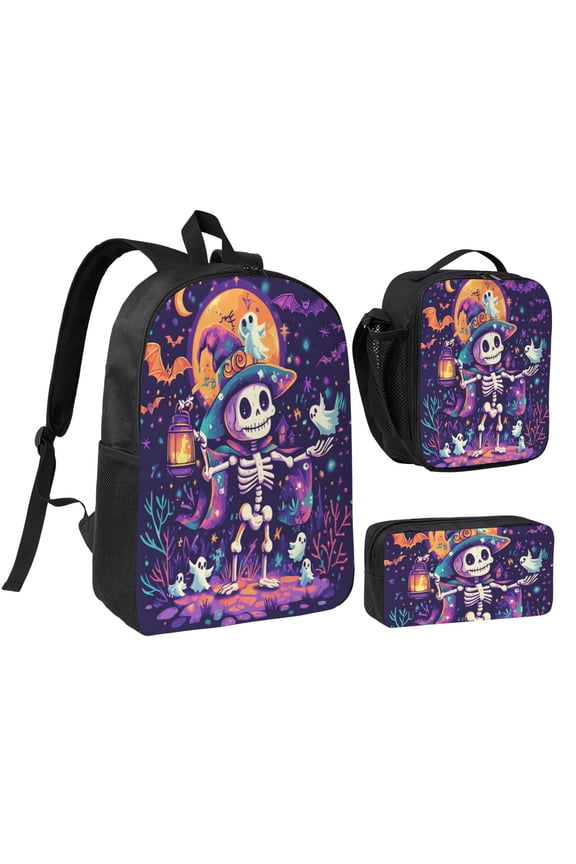 Halloween Skull Witch Backpack 17 Inch Set with Lunch Bag and CaseDurableTravel Bag Combo for Work Commuting Daily Use