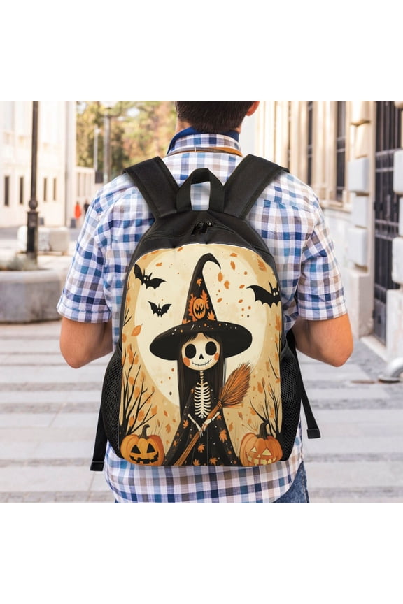 Halloween Skull Witch Backpack Double Shoulder Backpack Durable, Spacious, Ergonomic Design for Travel, Work & Outdoor Use