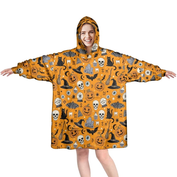 Halloween Skull Witch Orange Wearable Blanket Hoodie, Flannel Oversized Blanket Hoodies with Sleeves & with Sleeves & Pockets, Cute Gifts Ideas for Reading Watching TV and Relaxi