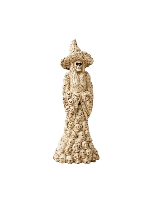 Halloween Skull Witch Statue, Resin Black Witch Figurine Covered with Mini Skulls, Spooky Gothic Skeleton Witch Sculpture for Tabletop Decor, Halloween Party