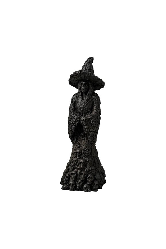 Halloween Skull Witch Statue, Resin Black Witch Figurine Covered with Mini Skulls, Spooky Gothic Skeleton Witch Sculpture for Tabletop Decor, Halloween Party