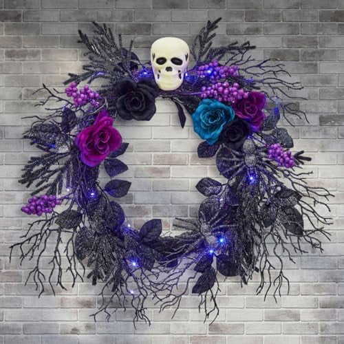 Halloween Skull Wreath for Front Door with Lights, 20 in Pre-Lit Black Purple Rose Spider, Gothic Garland Creepy Decor for Home Wall Porch Outdoor Indoor$$Home Decor, Kitchen, & Other